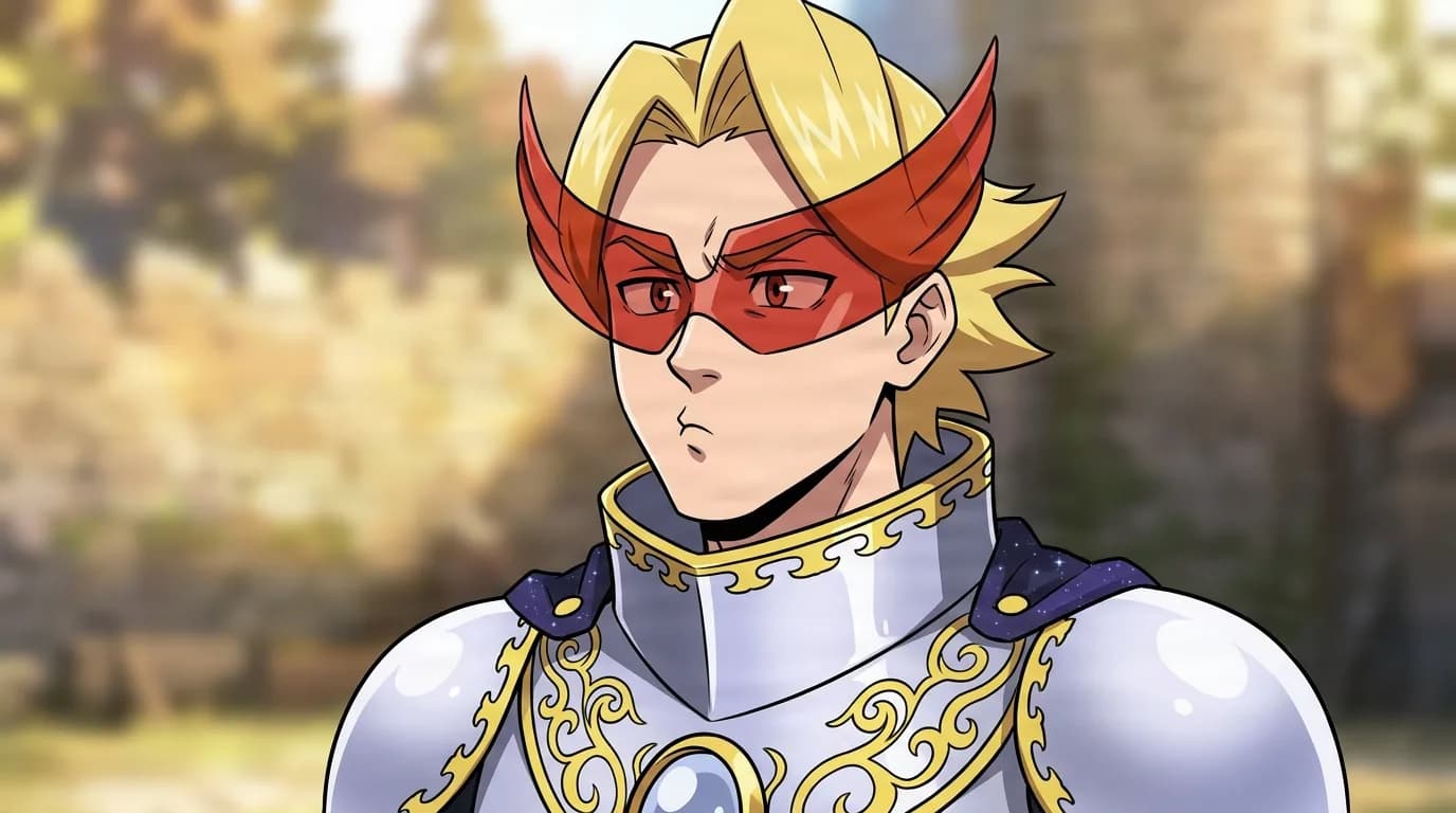 Yuga Aoyama from My Hero Academia in a close-framed cel-shaded anime scene with a detailed environment