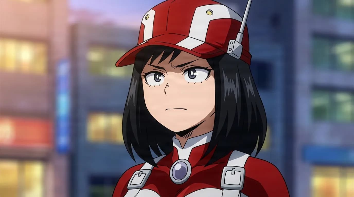 Yui Kodai from My Hero Academia in a close-framed cel-shaded anime scene with a detailed environment