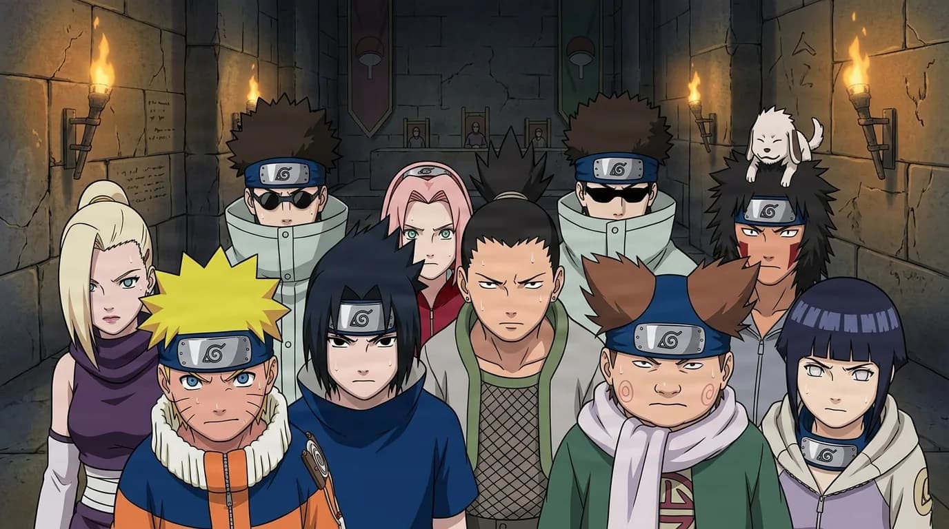 Nine young Leaf Village ninja stand grouped together with tense determined faces inside a torch-lit stone hall during the Chunin Exams.