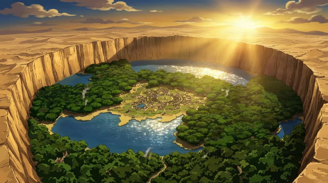 An aerial view of a hidden village nestled in a green forested crater ringed by tall sandy cliffs with blue lakes below and the sun rising over the rim
