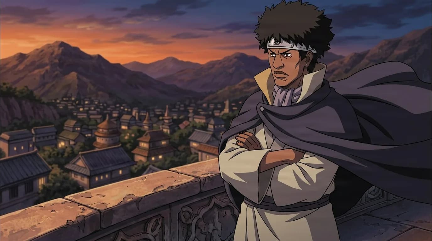 Dark-haired shinobi with arms crossed overlooks a mountain village at sunset from a stone balcony