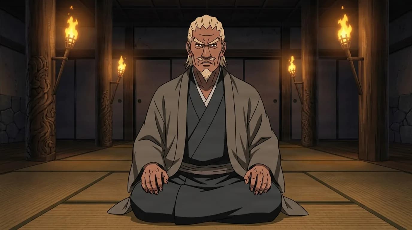 Elderly blond shinobi with beard sits cross-legged calmly in a torch-lit wooden hall