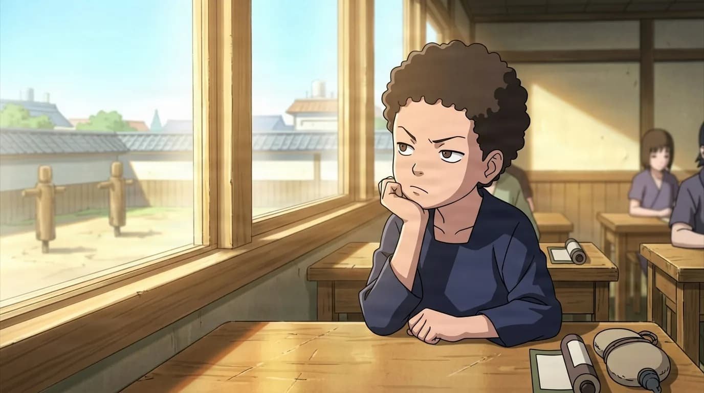 Curly-haired academy student rests chin on hand looking bored at a sunlit classroom desk