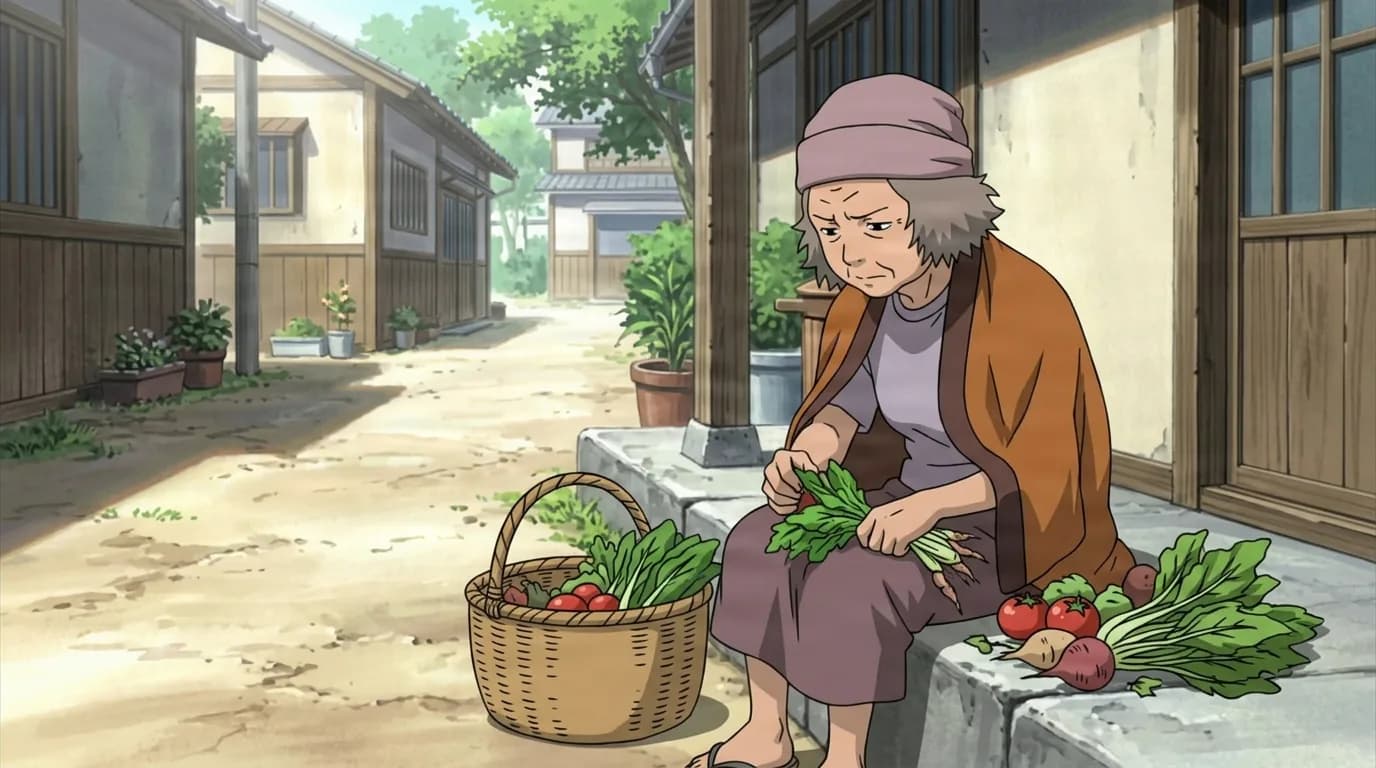 Elderly woman in a headscarf sorts fresh vegetables into a basket on a village porch step