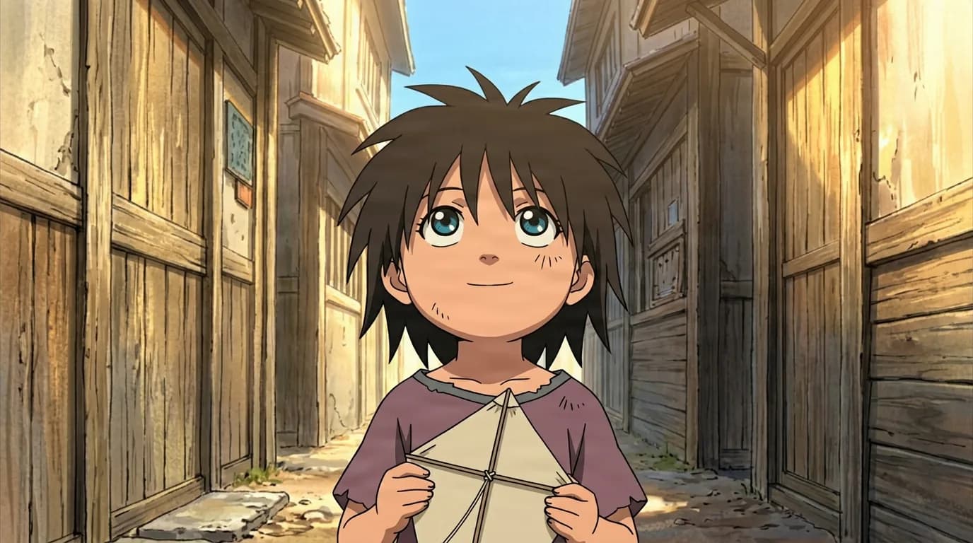 Blue-eyed child smiles while holding a paper kite in a sunlit wooden alleyway