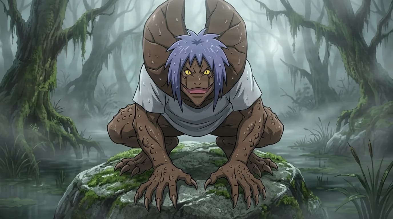 Clawed toad-skinned creature with purple hair grins while crouched on a mossy boulder in a misty swamp
