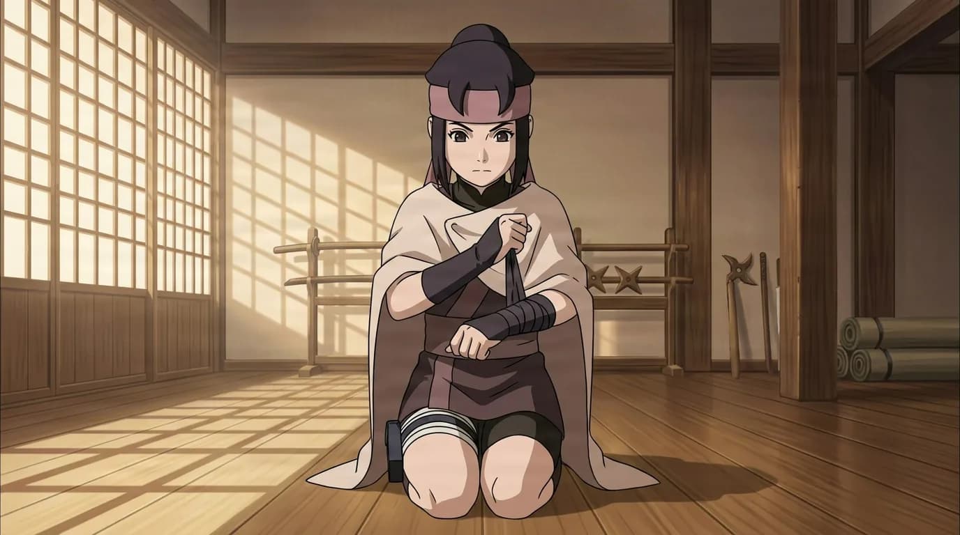 Kunoichi kneels on a sunlit dojo floor wrapping bandages around her forearm