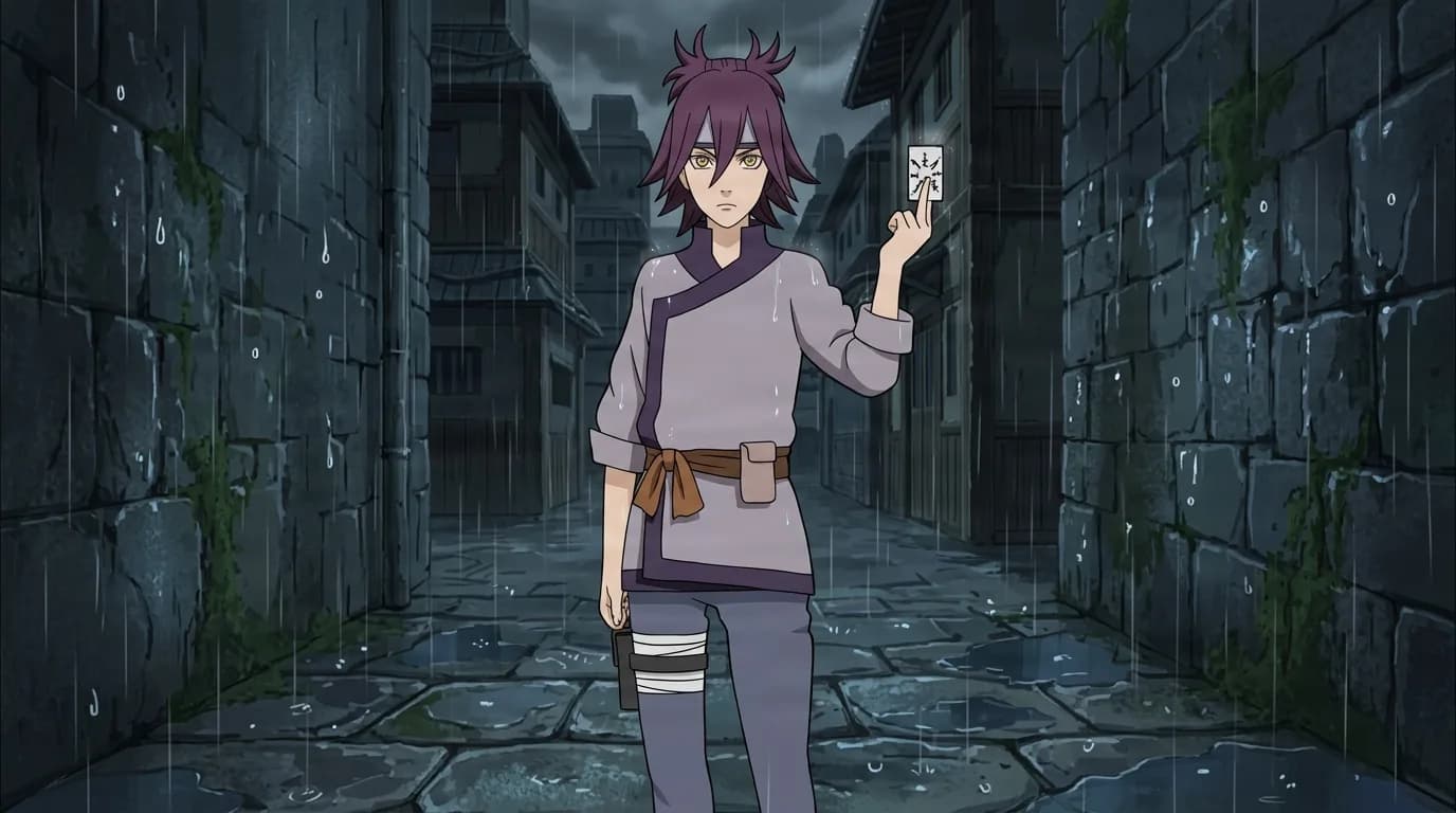 A purple-haired young ninja in a grey tunic holds up a paper talisman in a dark rain-soaked stone alley between mossy village walls