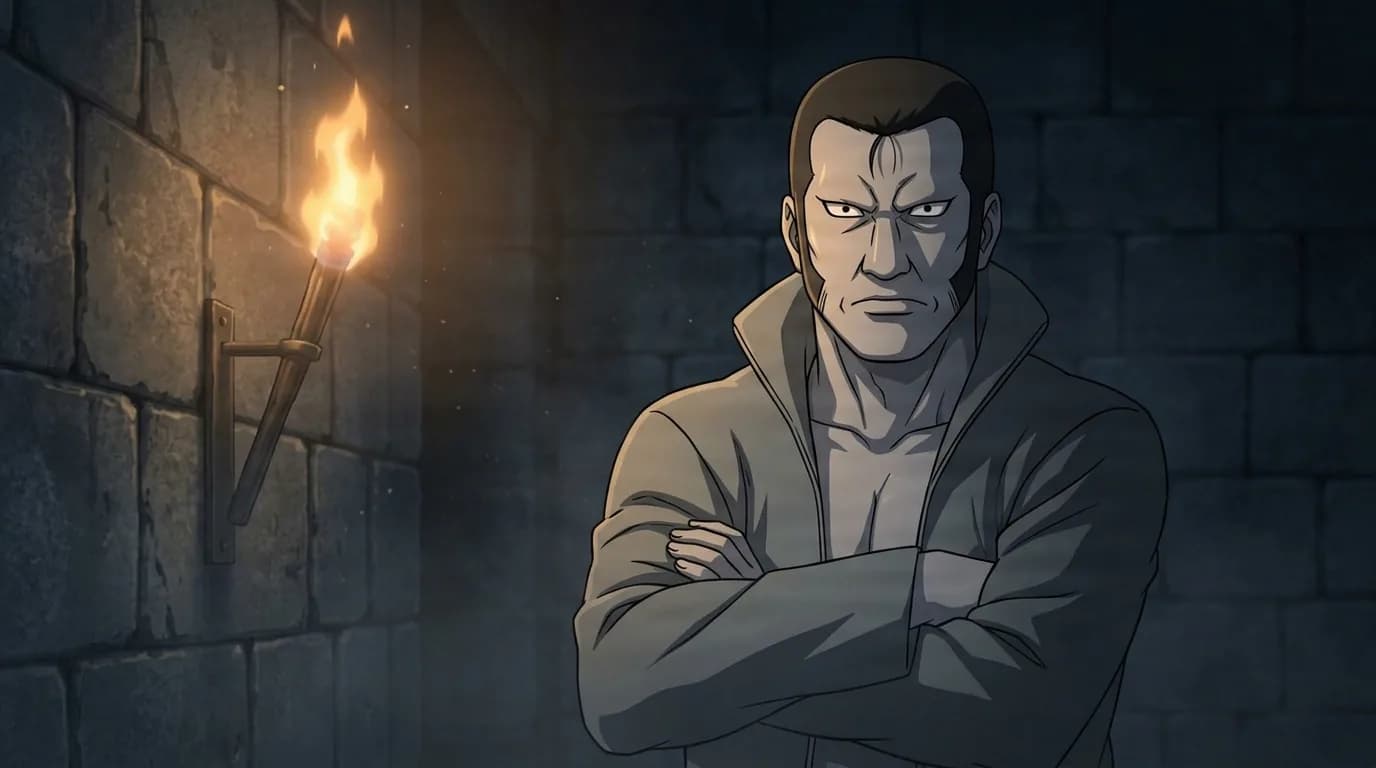 Stern shinobi stands with arms folded in a torch lit stone corridor