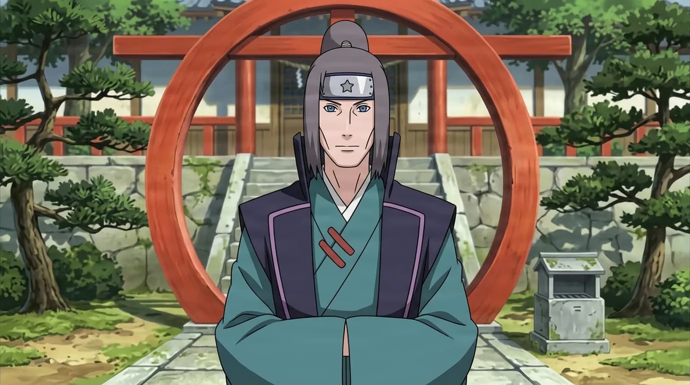 Robed official with a topknot stands calmly before a round red shrine gate