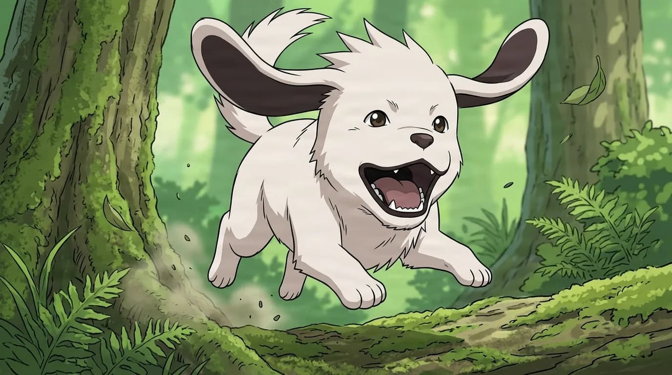 A fluffy white puppy with brown ears leaps through a green forest, mouth open in a playful bark and tail curled up.