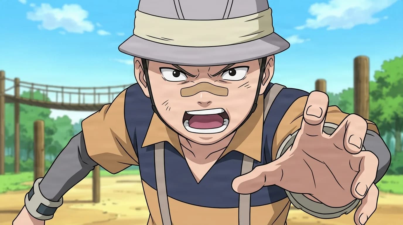 Young ninja in a grey helmet with a bandage across his nose shouting and reaching a hand toward the viewer at a sunny training ground