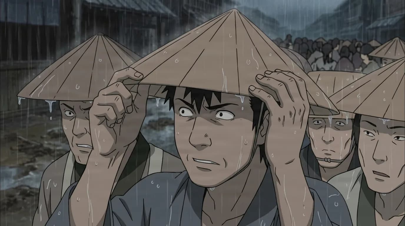 Worried villager grips his straw hat brim among a rain soaked crowd
