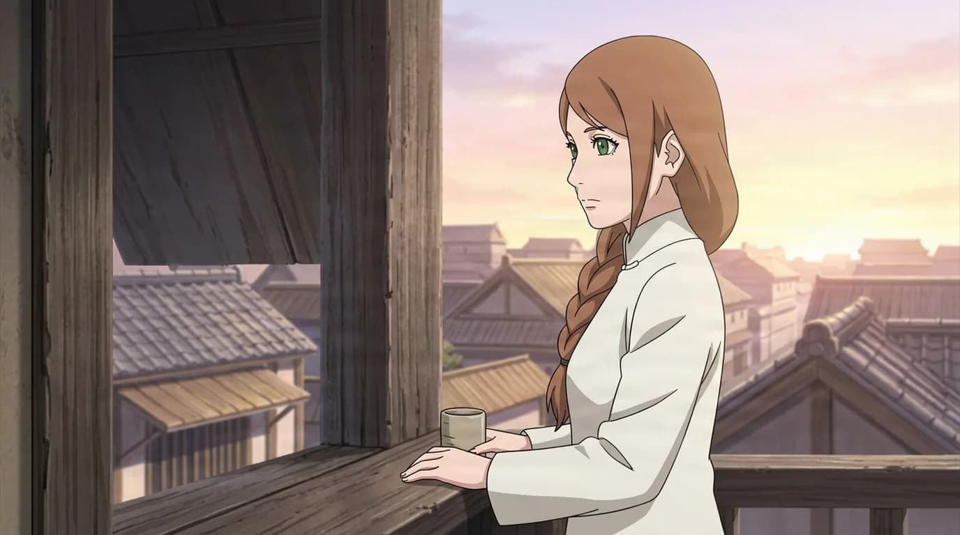 Braided woman holding a cup gazes out a wooden window over rooftops at dawn