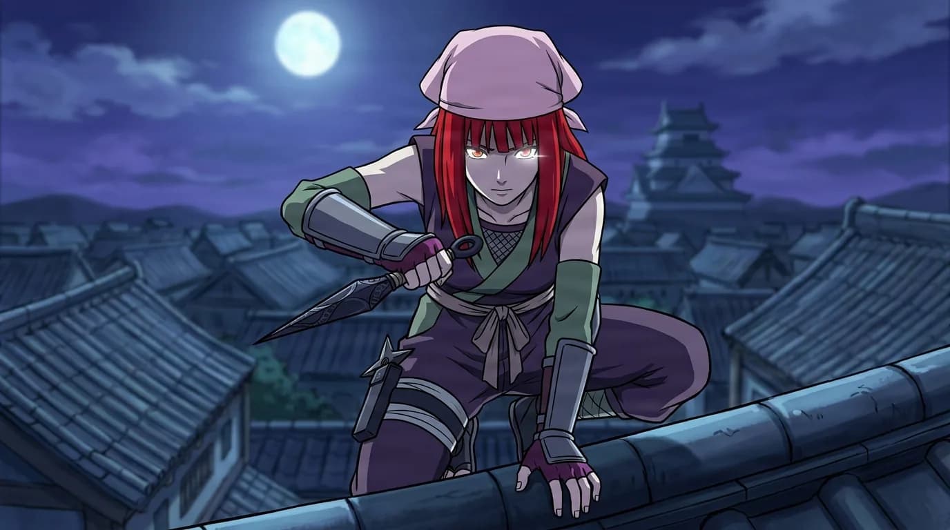 Red-haired kunoichi crouches on a moonlit rooftop gripping a kunai blade