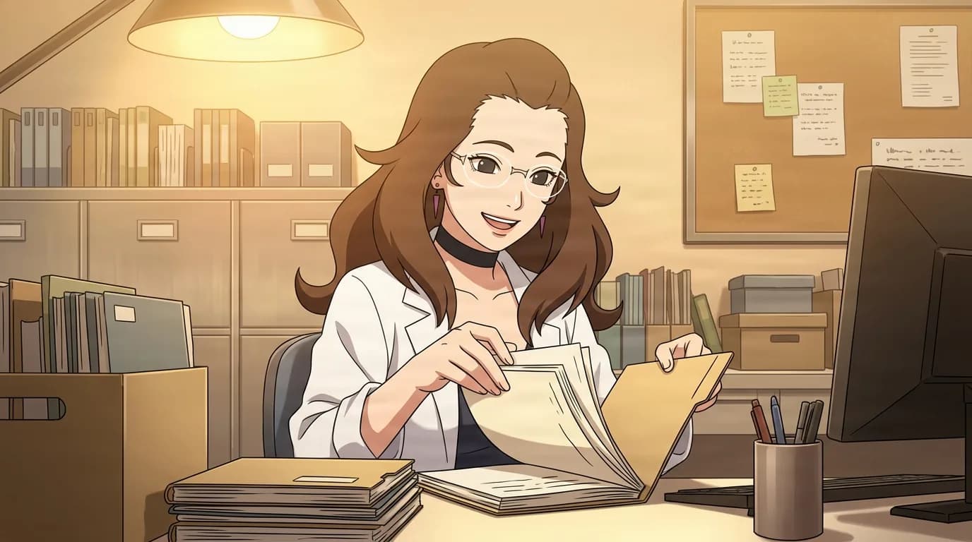 Smiling woman in glasses flips through a folder at a records office desk