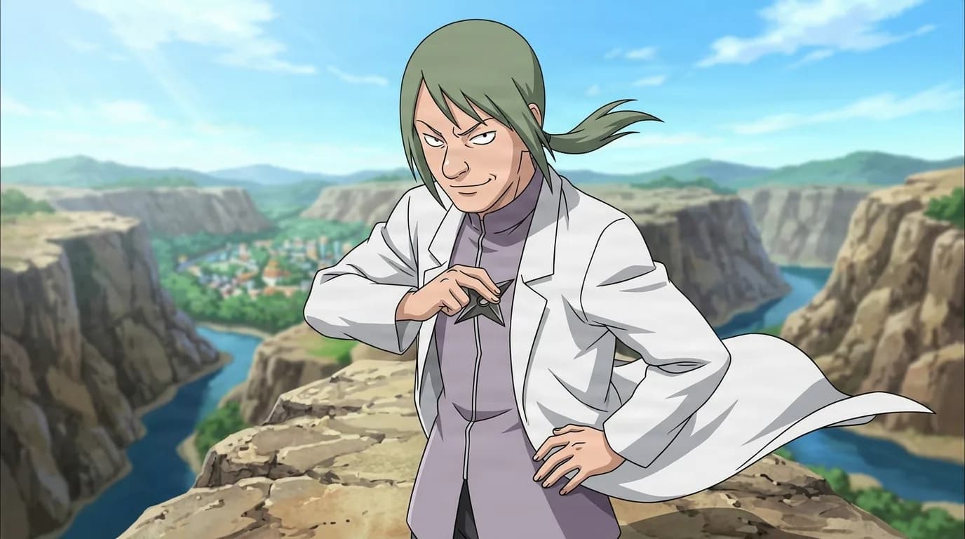 Sly green-haired shinobi with a shuriken smirks atop a canyon cliff edge