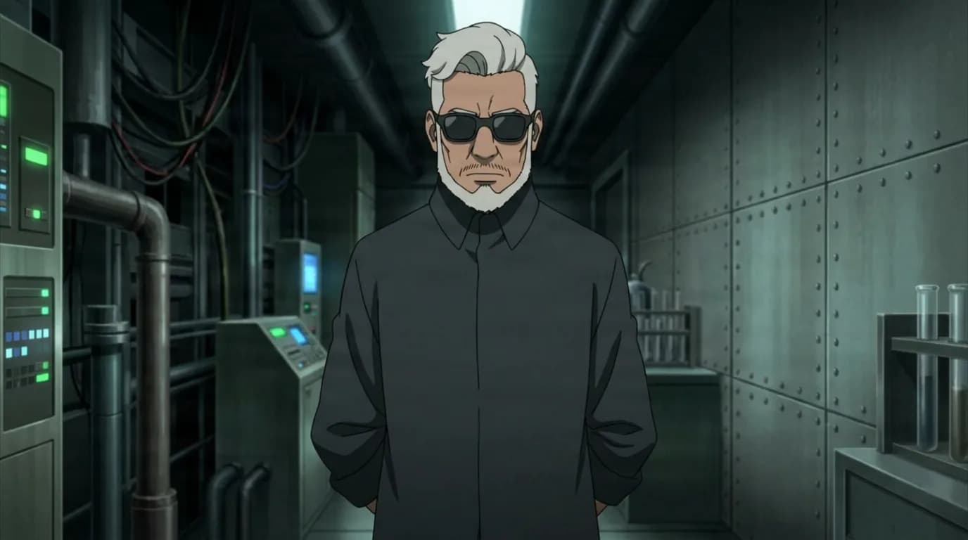 White haired man in dark sunglasses stands in a dim metal laboratory corridor