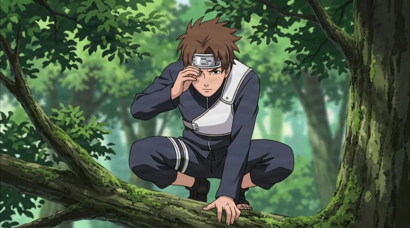 Young shinobi crouches on a mossy tree branch adjusting his headband while scouting the forest
