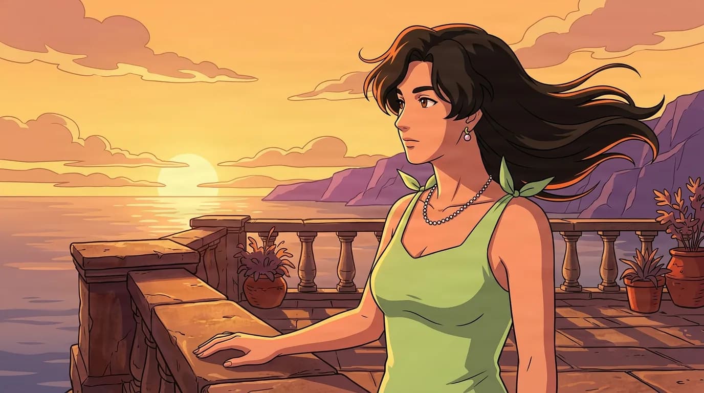 Dark haired woman in a green dress rests her hand on a stone rail overlooking the sea at sunset