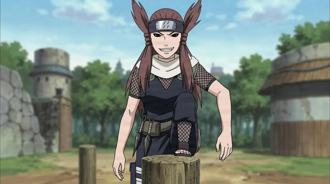 Sharp toothed kunoichi grins while balancing on a wooden training post outdoors