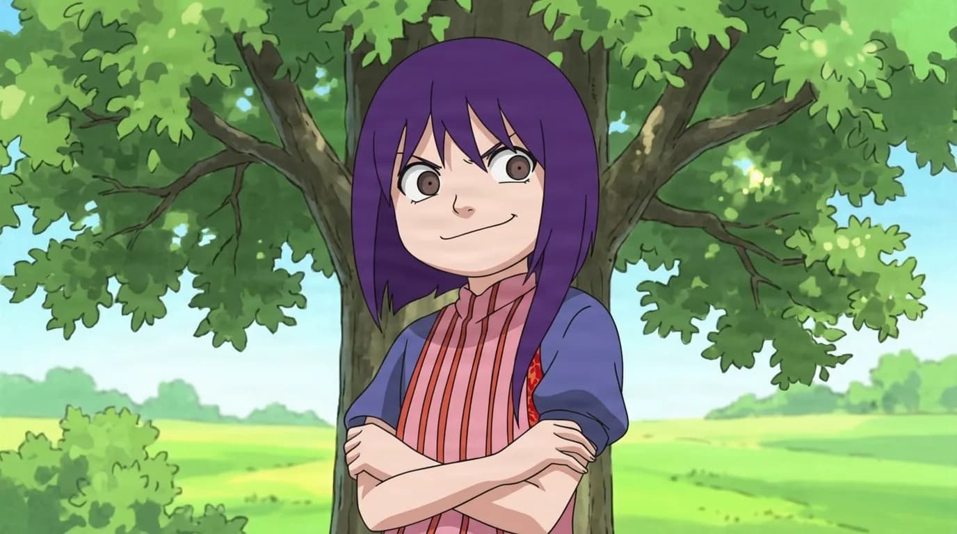 A purple haired girl with brown eyes leans against a tree trunk with her arms crossed and a smug grin, green fields stretching behind her.