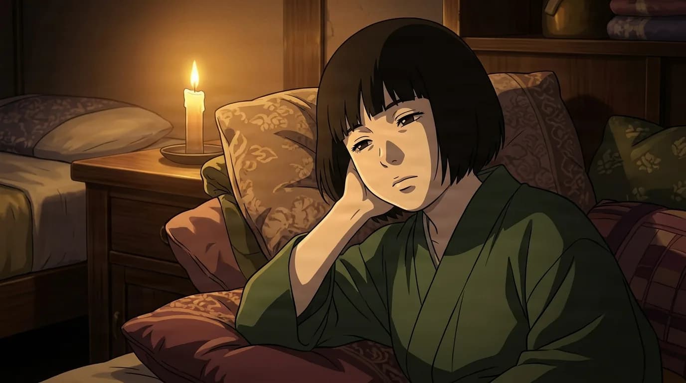 Short haired woman in a green robe rests thoughtfully against pillows in a candlelit room