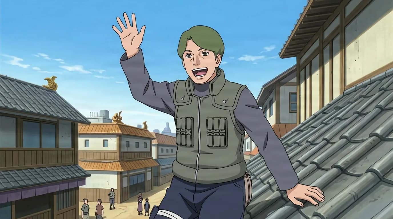 Cheerful green haired shinobi waves from a rooftop against a clear blue sky