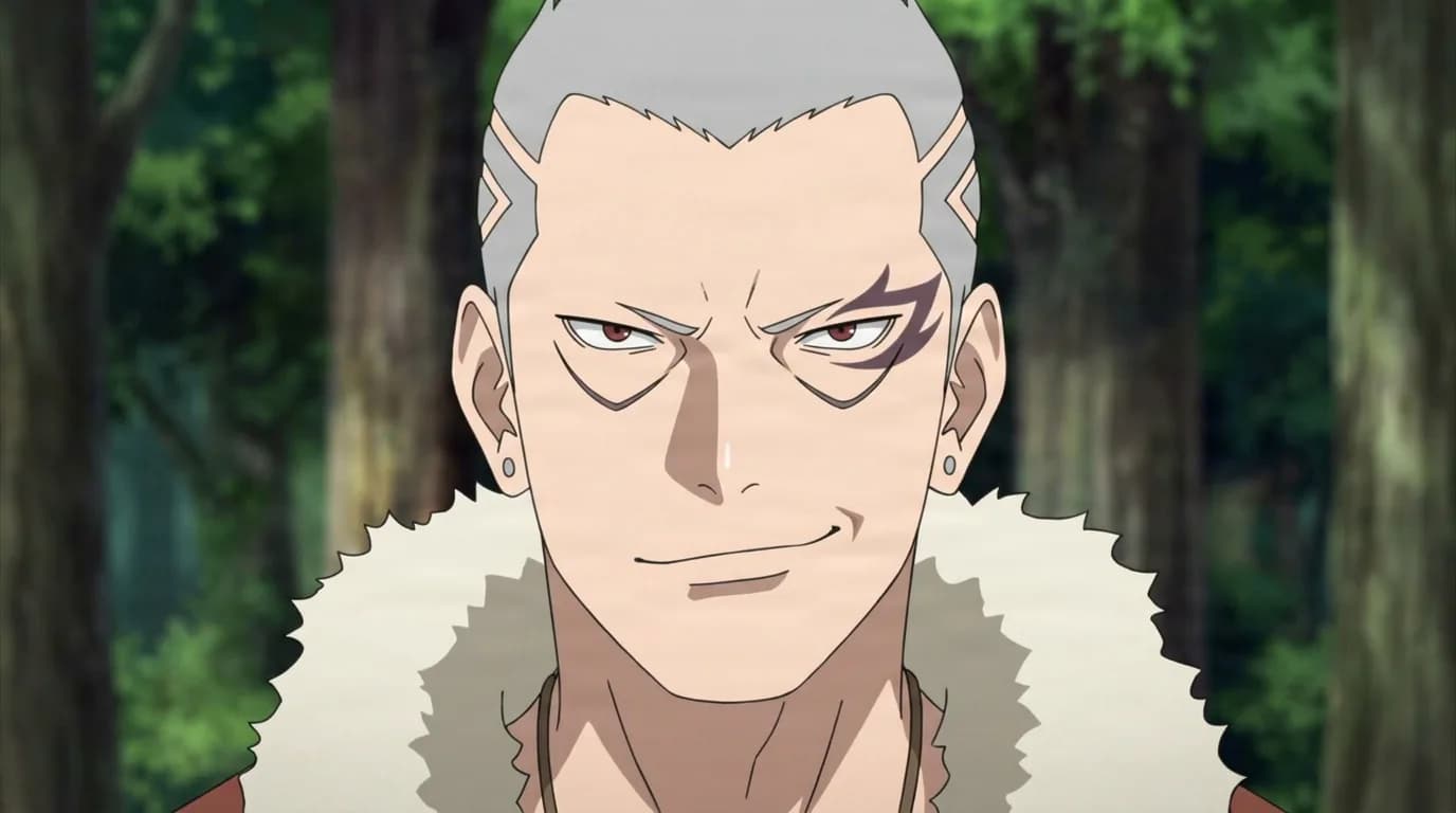 Aniki from Naruto in a close-framed cel-shaded anime scene with a detailed environment