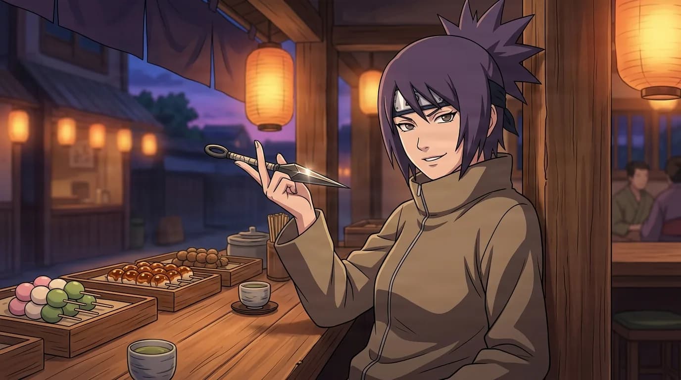 Purple haired kunoichi twirls a kunai while leaning against a dango stand at dusk