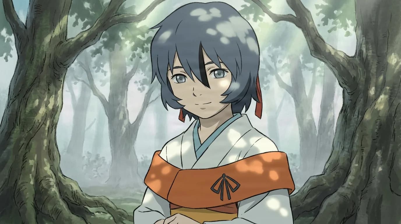 A young child with dark blue hair in a white kimono and orange sash stands smiling softly in a misty sunlit forest of tall trees