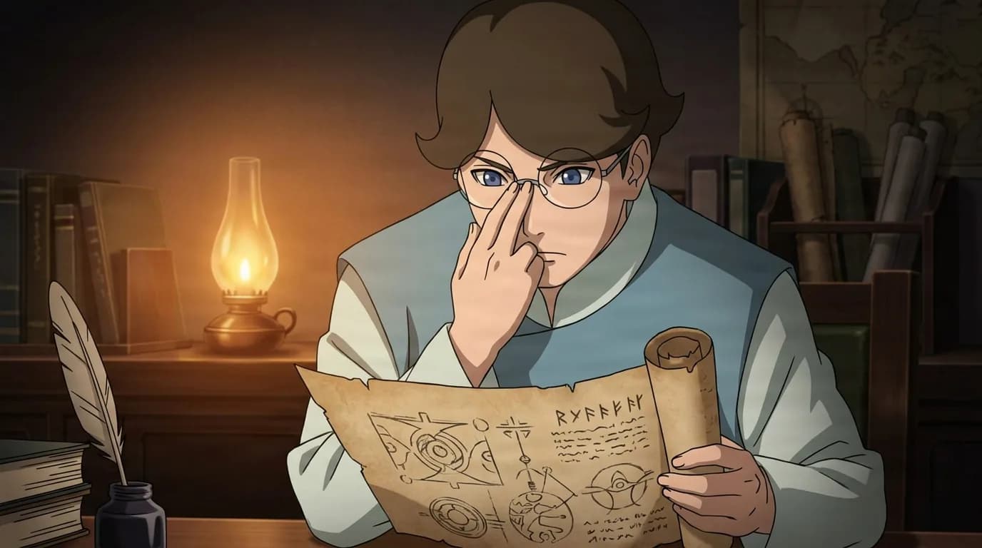 Studious man adjusts round glasses while reading an old diagram scroll by lamplight