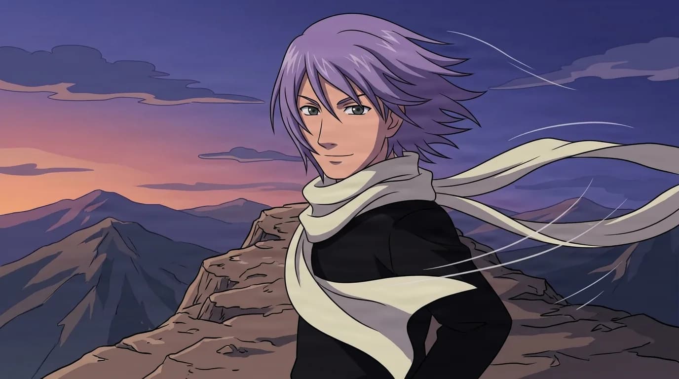 Purple haired shinobi in a black outfit and cream scarf standing on a rocky mountain ridge at dusk while wind blows his hair and long scarf sideways