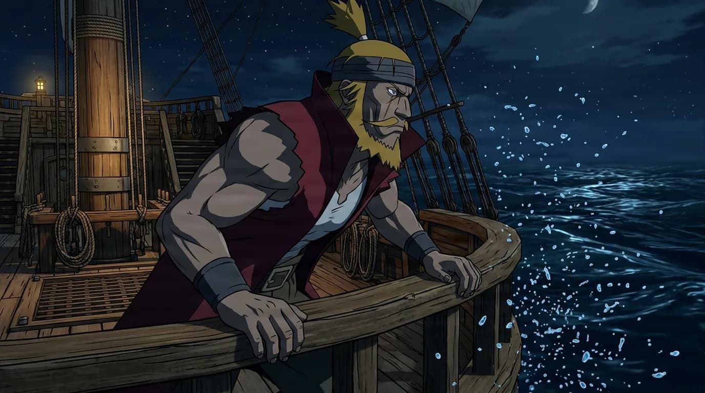 Grizzled bearded warrior grips the bow railing of a ship as sea spray flies at night
