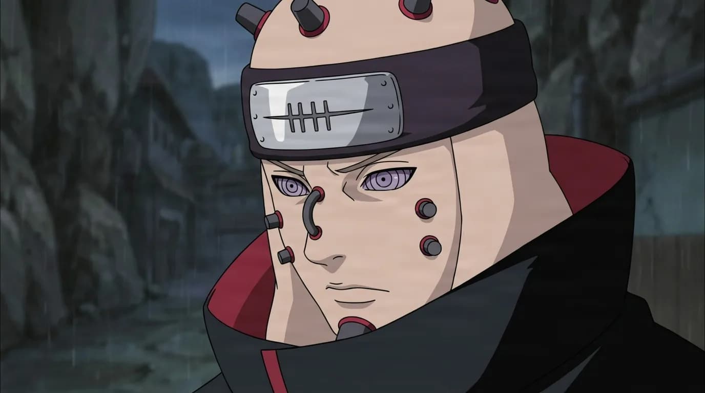 Asura Path from Naruto in a close-framed cel-shaded anime scene with a detailed environment