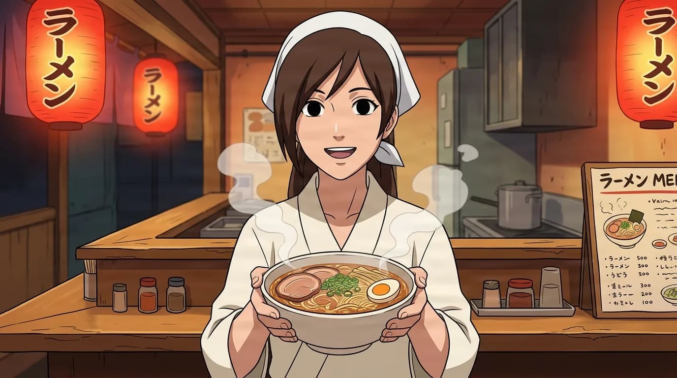 A brown-haired woman in a white headscarf and cook's outfit holds up a steaming bowl of ramen behind the counter of a lantern-lit noodle shop