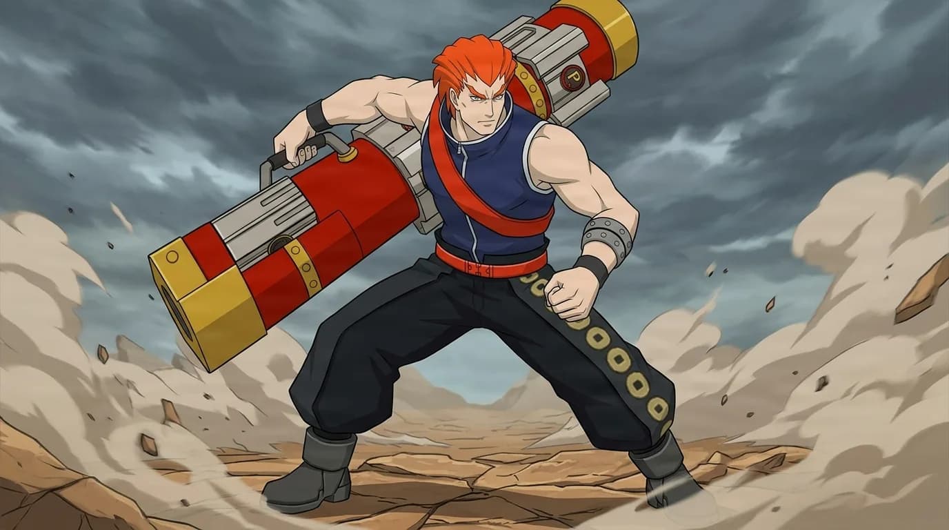 Orange-haired fighter in a blue vest braces in a fighting stance gripping a large red mechanical launcher on a cracked desert battlefield.