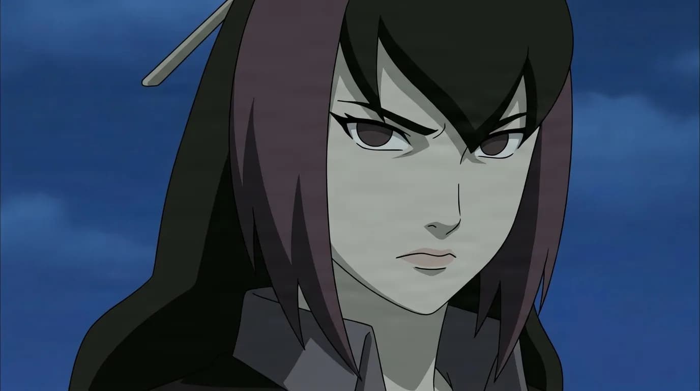 Benten from Naruto in a close-framed cel-shaded anime scene with a detailed environment