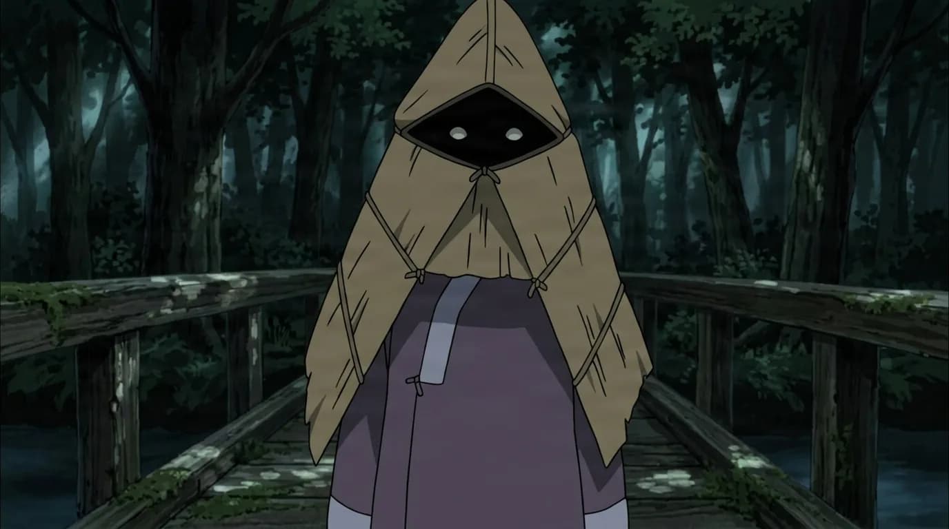 A small figure hidden under a woven straw cloak stands on a dark wooden forest bridge, two pale eyes glowing from the shadowed face.
