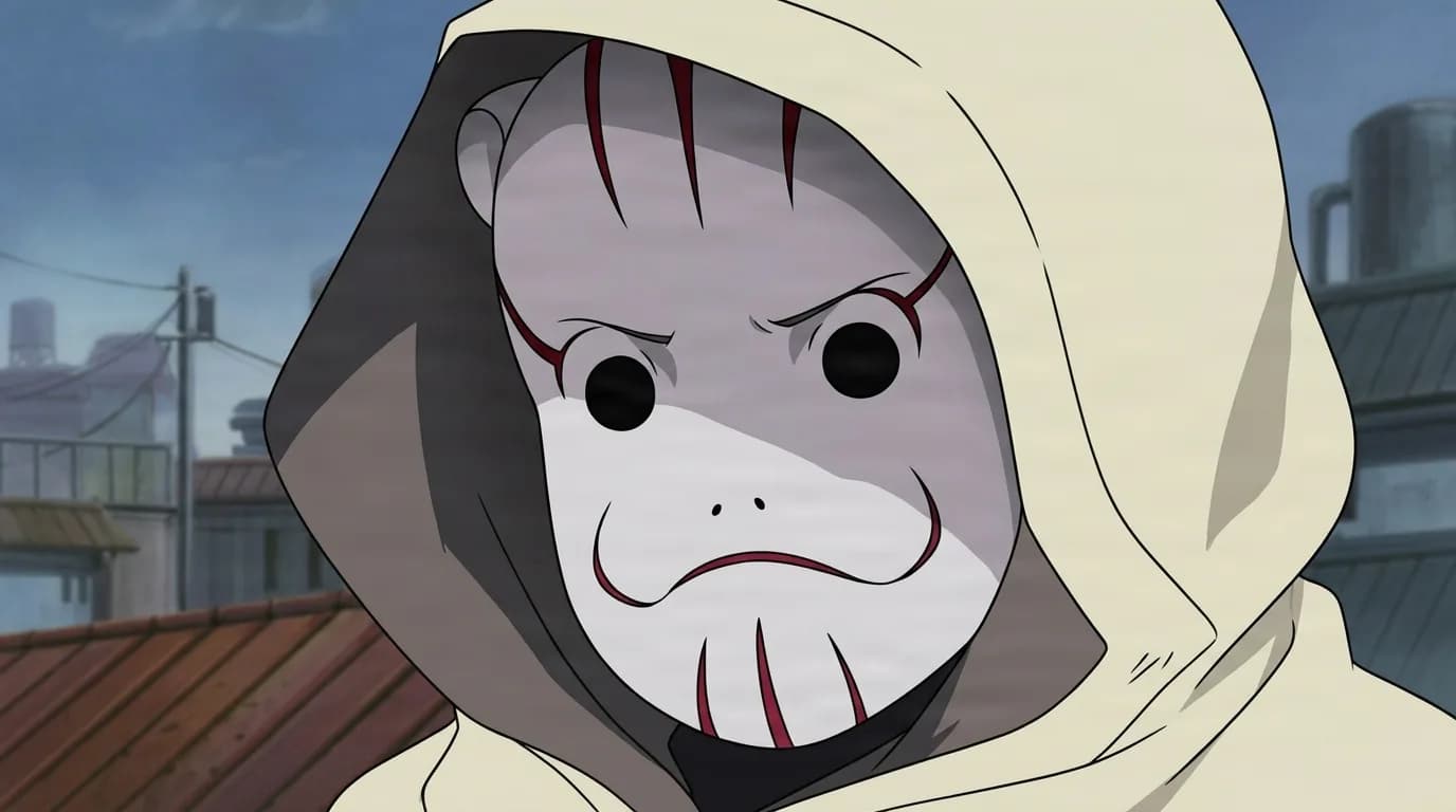 Boar-Masked Anbu Member from Naruto in a close-framed cel-shaded anime scene with a detailed environment