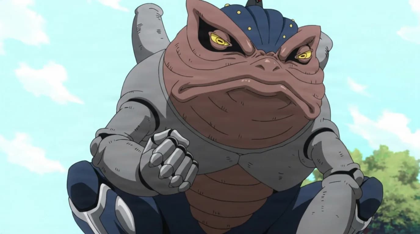 Boiler Toad from Naruto in a close-framed cel-shaded anime scene with a detailed environment