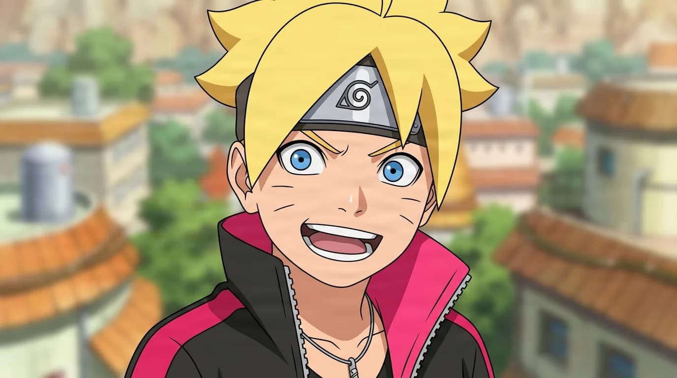 Boruto Uzumaki from Naruto in a close-framed cel-shaded anime scene with a detailed environment