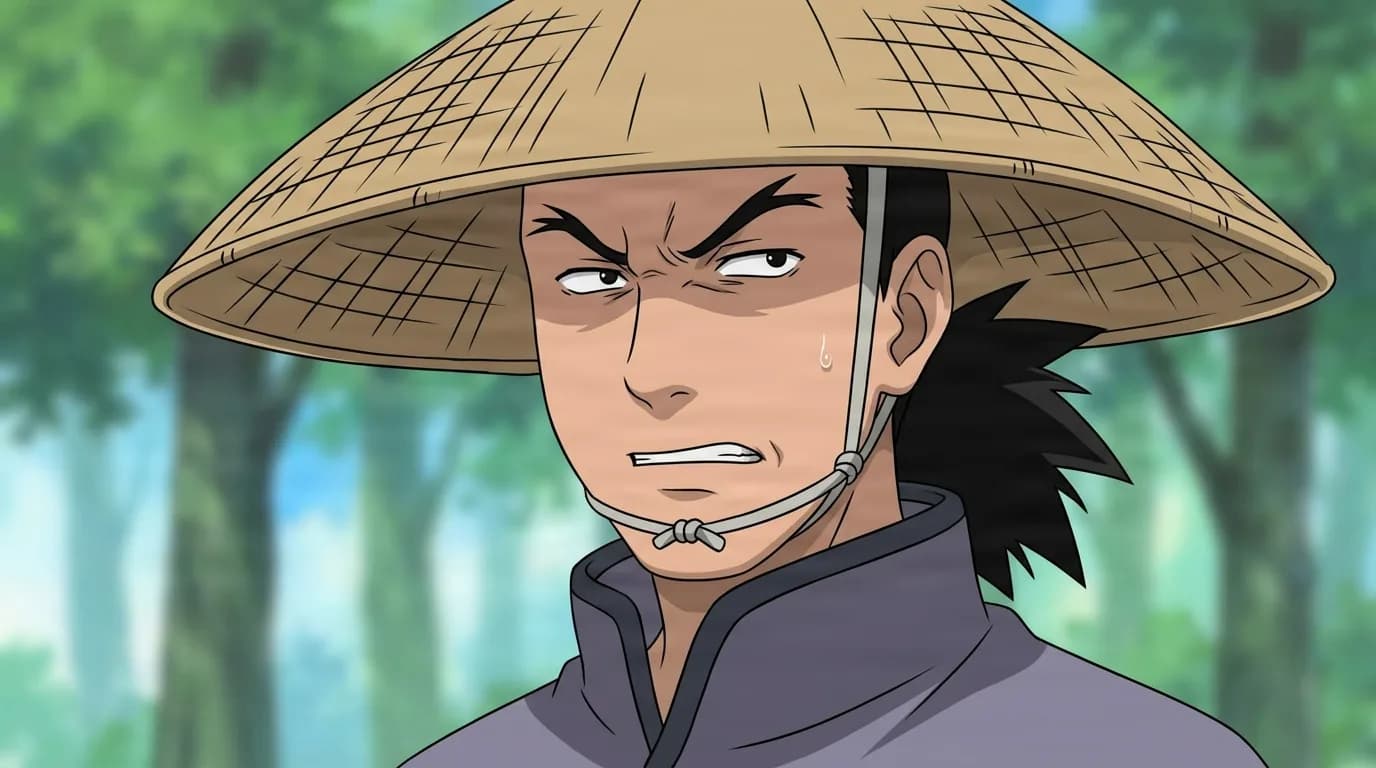 Bunzō from Naruto in a close-framed cel-shaded anime scene with a detailed environment