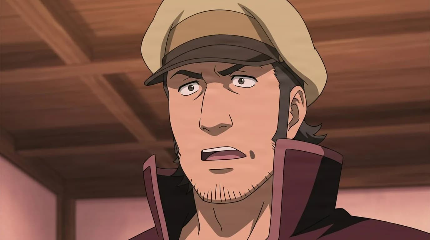 Captain of the Ghost Ship from Naruto in a close-framed cel-shaded anime scene with a detailed environment