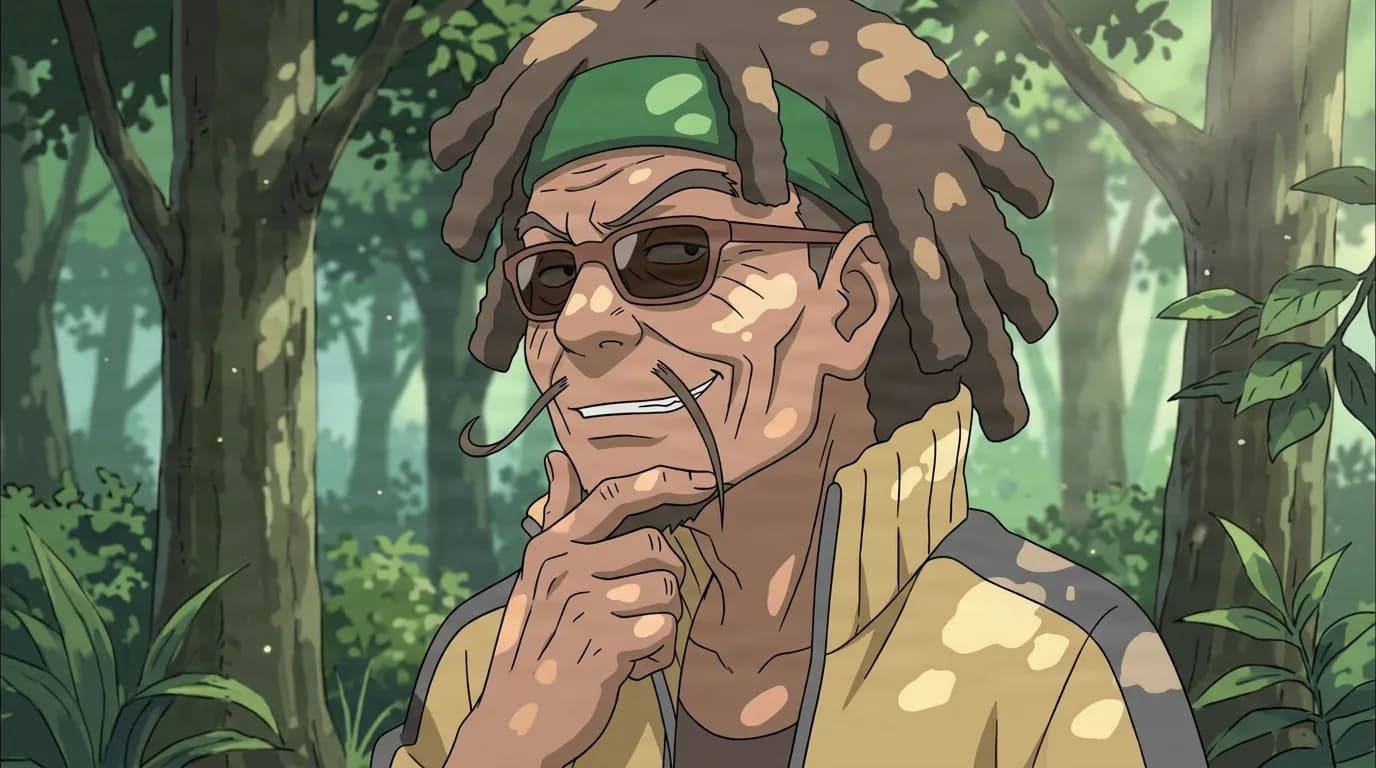 Ninja anciano de rastas castañas, banda verde y gafas de sol rojas sonríe mientras apoya una mano en el mentón en un bosque iluminado por el sol