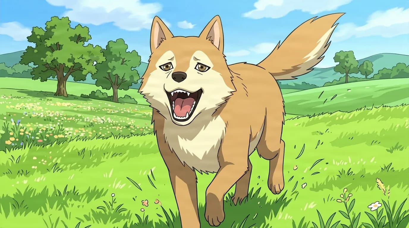 褐色と白の忍犬が、花の点在する日差しの緑の草原を駆け、口を開けて嬉しそうに吠え、尾を高く上げている