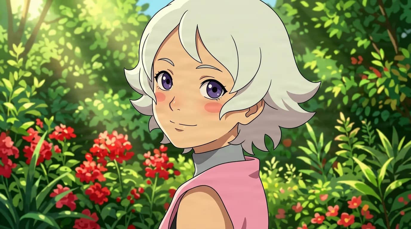 A pale silver-haired girl with violet eyes glances over her shoulder with a soft smile in a sunlit garden full of green leaves and red flowers.