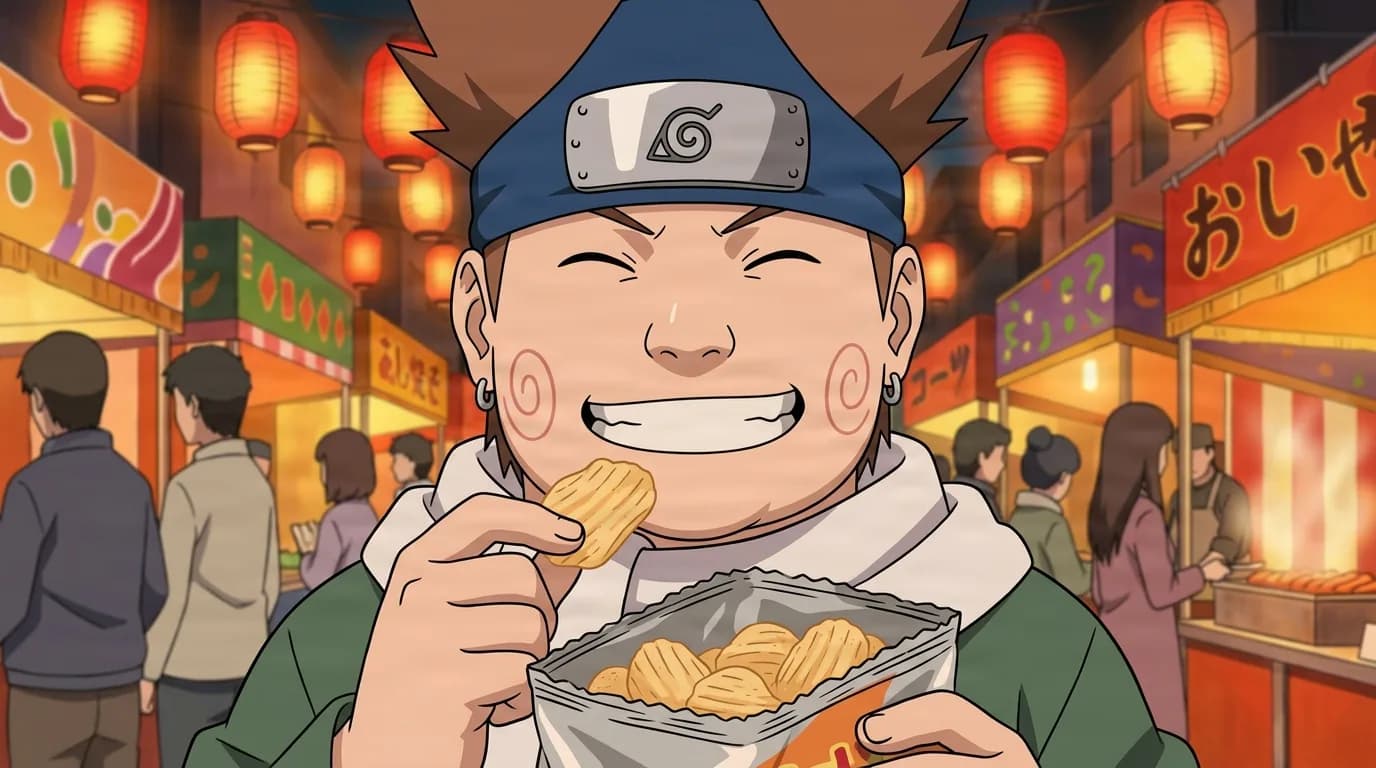 Choji grins broadly as he eats a chip from an open bag at a lantern lit night food market, red swirl marks on his cheeks and a blue forehead protector on his head