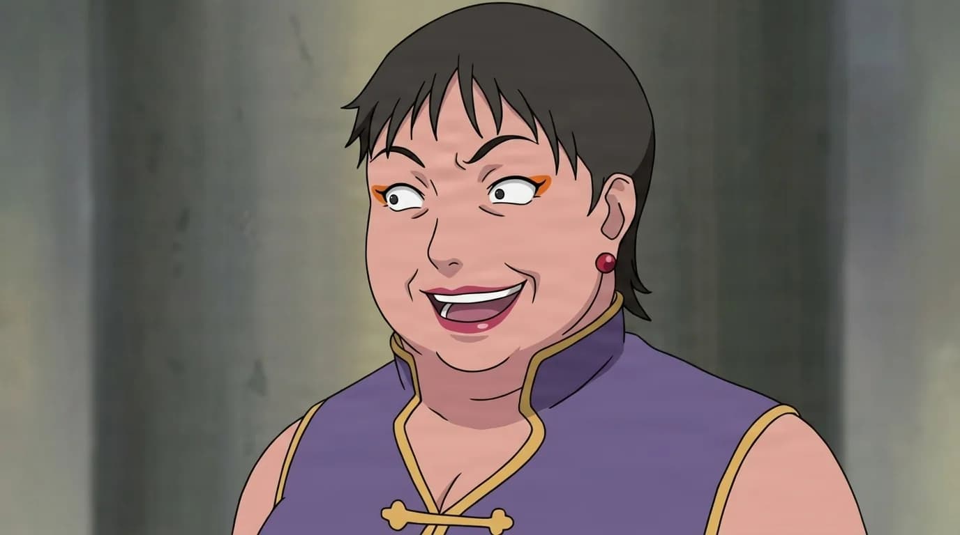 Chōji's Mother from Naruto in a close-framed cel-shaded anime scene with a detailed environment