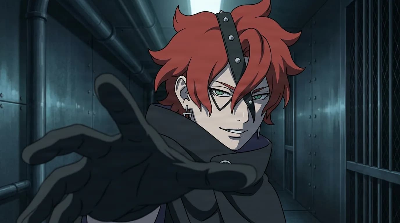 Red haired young man with a black angular eye marking and a studded head strap reaching one gloved hand toward the viewer in a dim metal corridor
